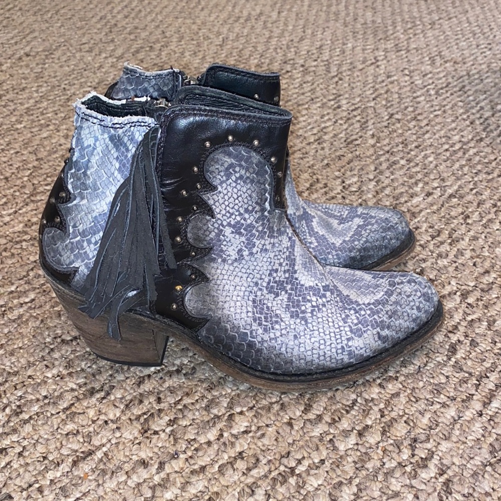 Fringe Snake-Print Cowboy Booties
